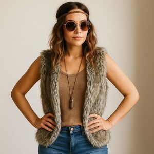Faux Fur Brown‎ and Tan Women's Bohemian Festival Hippie Vest Beachy Coastal